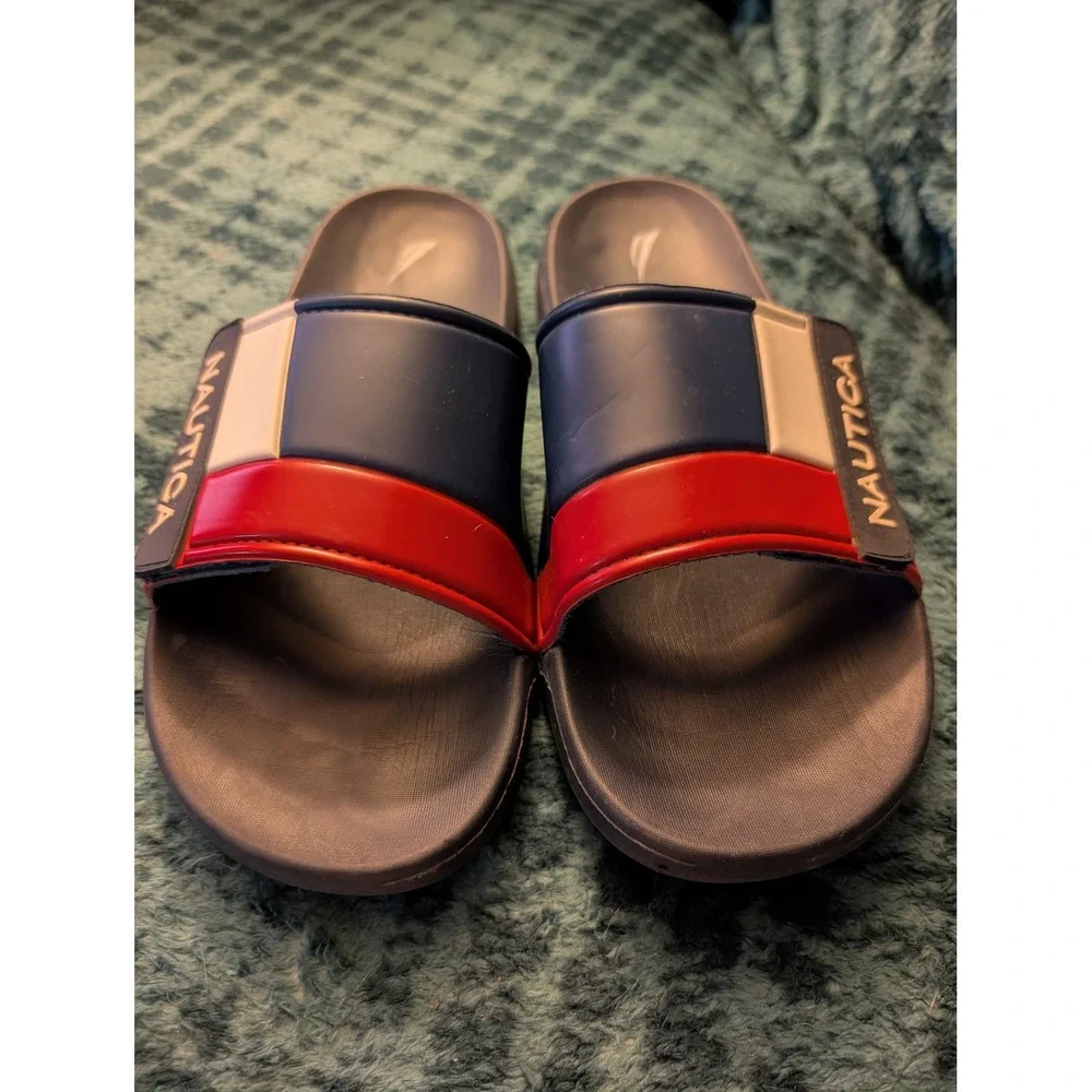 Nautica Bower 2 Mens Slides Navy Blue Red White Adjustable Strap Sandals Size 12